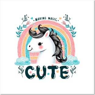 Cute unicorn with rainbow, flowers and clouds Posters and Art